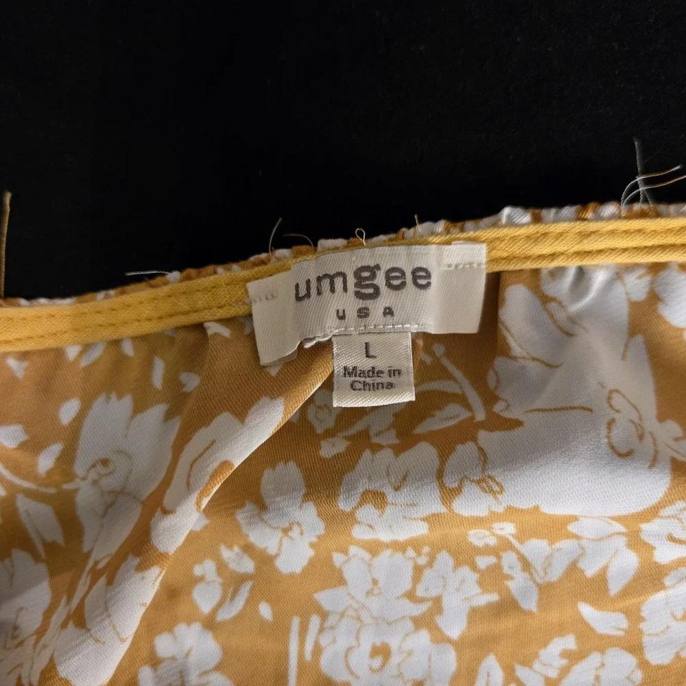Umgee Dress Womens Large‎ Yellow Patchwork Boho Trapeze Short Sleeve Fringe Hem